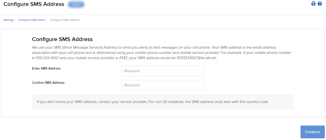 Image of the enter SMS address panel in Portal. 